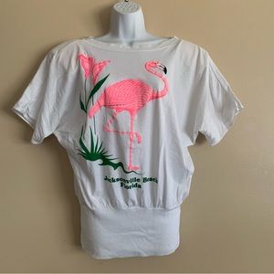 Vintage 80s USA Pink Flamingo Jacksonville Beach Florida Top Tshirt Tunic Retro